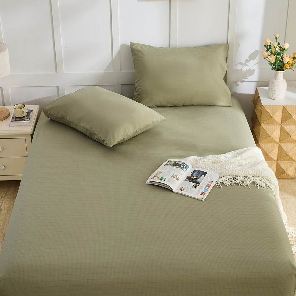 Side angle view of olive green organic grounding pillowcases – soft breathable earthing cotton fabric