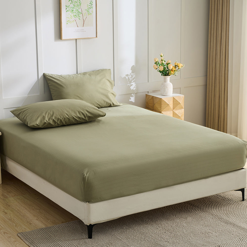 Top view of olive green organic grounding pillowcases and sheet set – Terra Solum Grounding Co